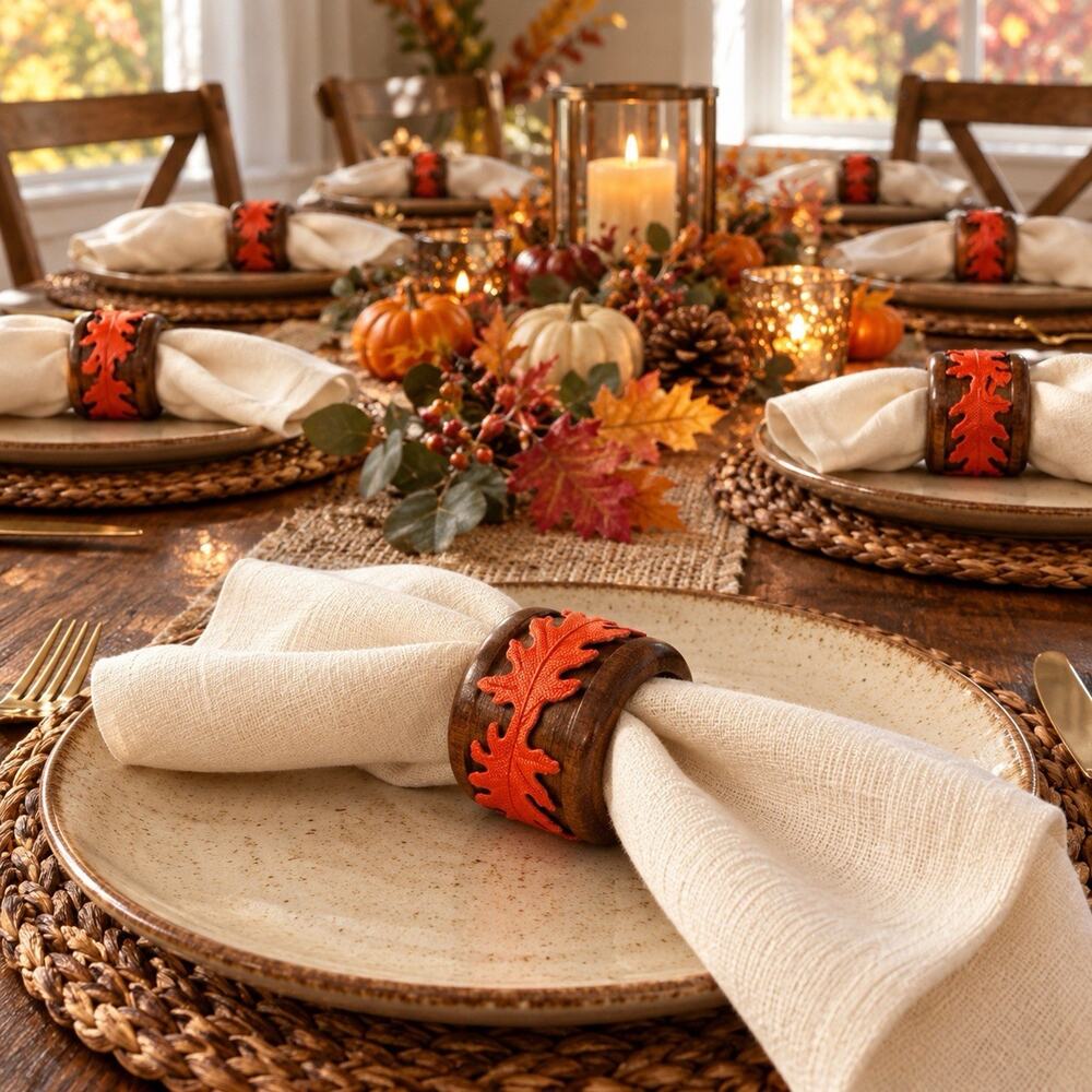 Set of 8 Wood Napkin Rings Orange Oak Leaves Fall Thanksgiving Table Decor